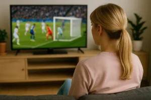 kvinna som tittar på fotboll på tvn